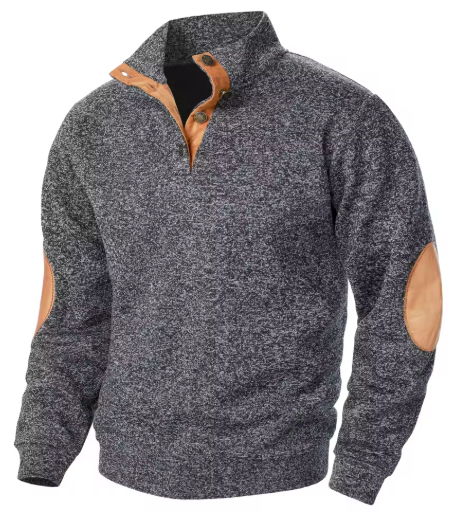Men’s Jacquard Knit Sweater with Stand Collar and Elbow Patches