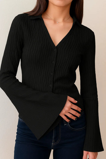 Women’s Blouse with Wrap Effect and Flared Sleeves – Lightweight Knit Blend